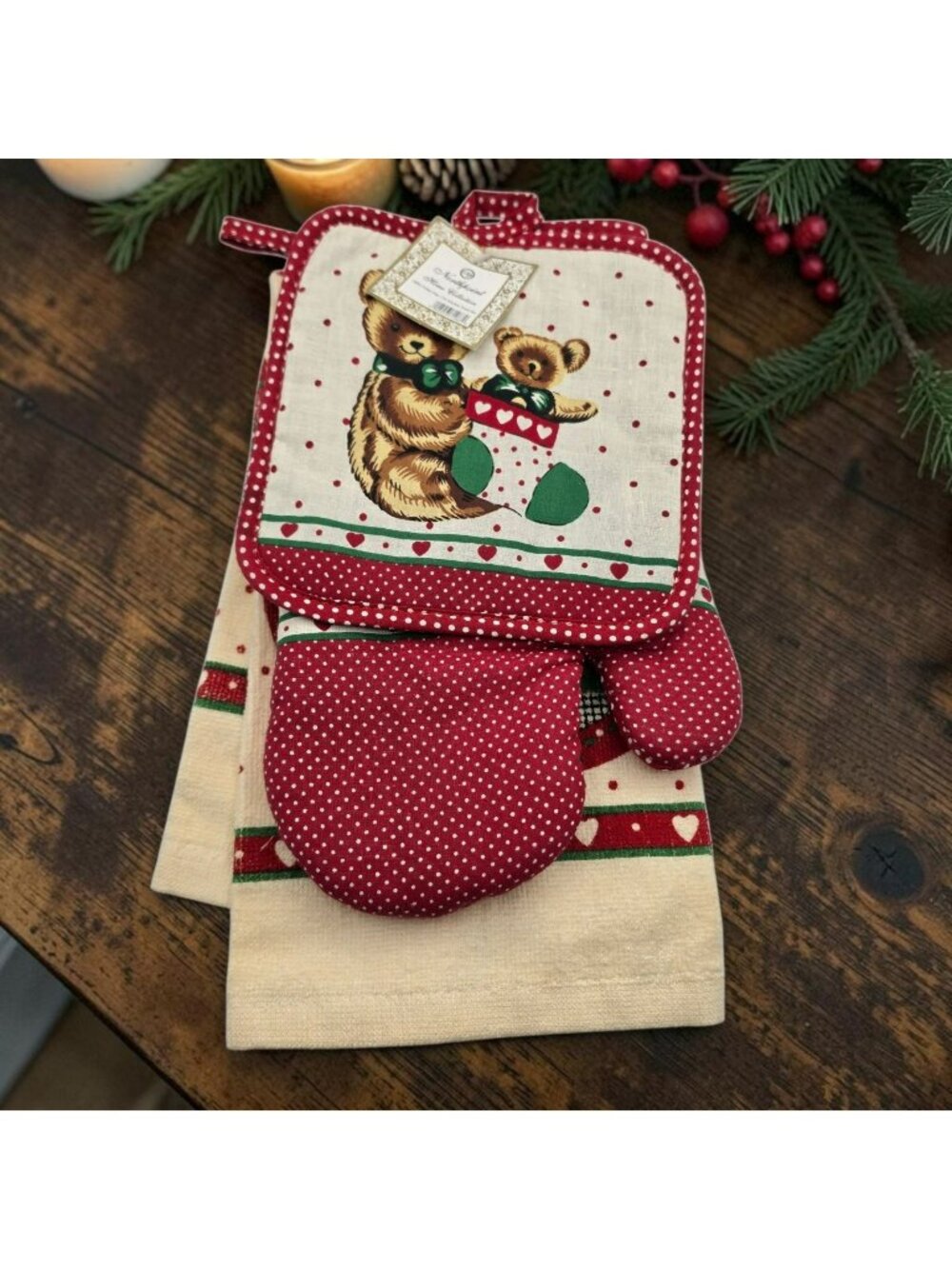 Northpoint 3-Piece Cotton Kitchen Towel & Oven Mitt Set Bear Design